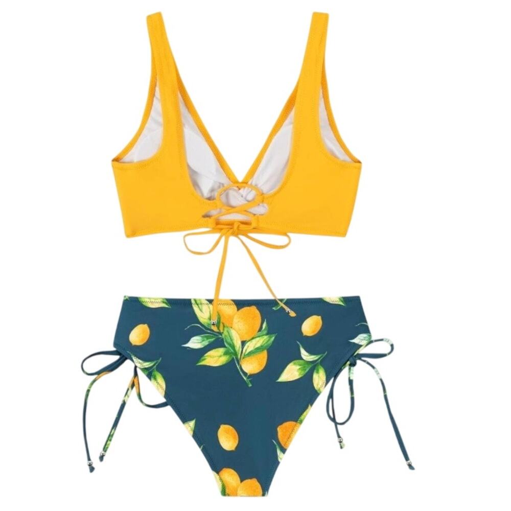Women Cupshe Bikini Swimsuit Yellow Lemon Print Twist Tie Side Size L NWT - Picture 10 of 11
